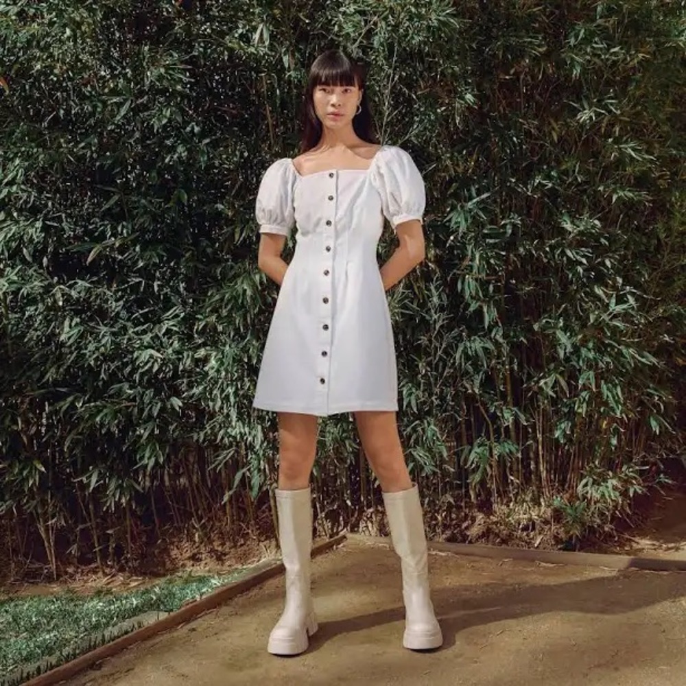 NWT Who What Wear puff sleeve square neck white denim mini dress
